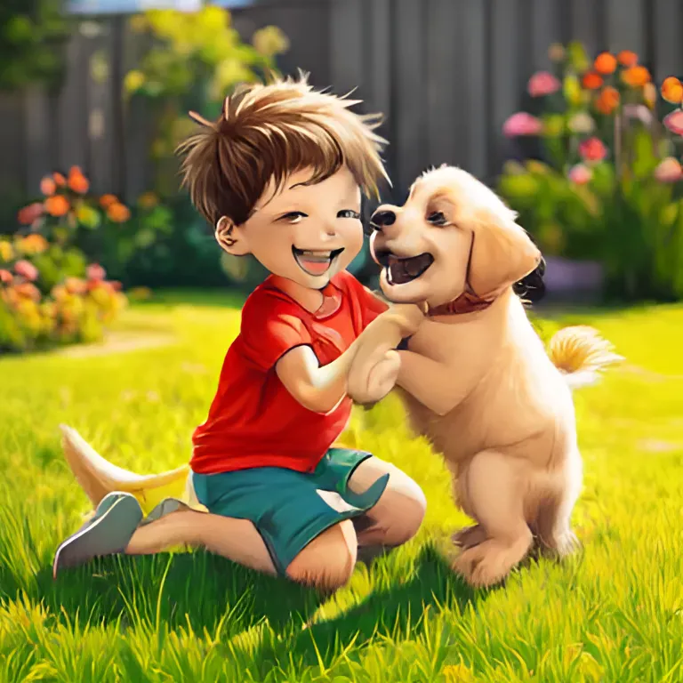 a boy playing with a cute dog created - deepseek generated image