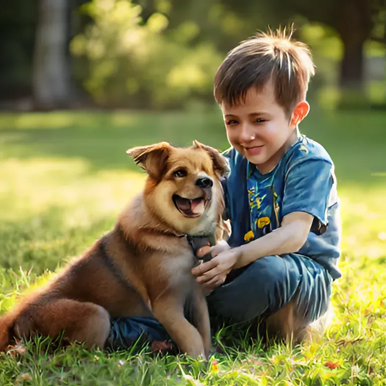 a boy playing with a cute dog created - deepseek generated image